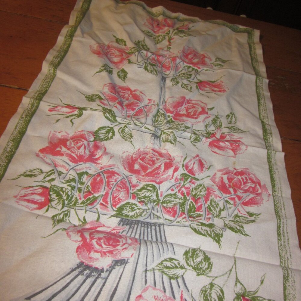 Vtg linen rare fieldcrest teatowel roses pink unused